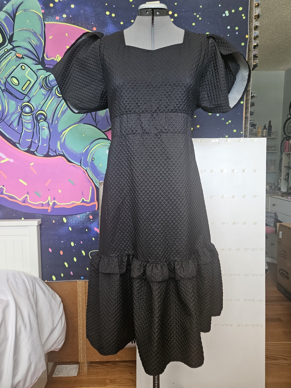 Black Textured Puff Sleeve Midi Dress